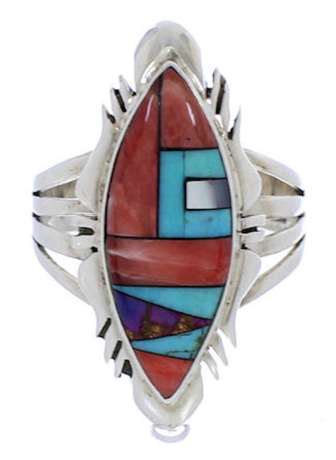 Southwest Multicolor Inlay Silver Ring Size 7-3/4 JX38207